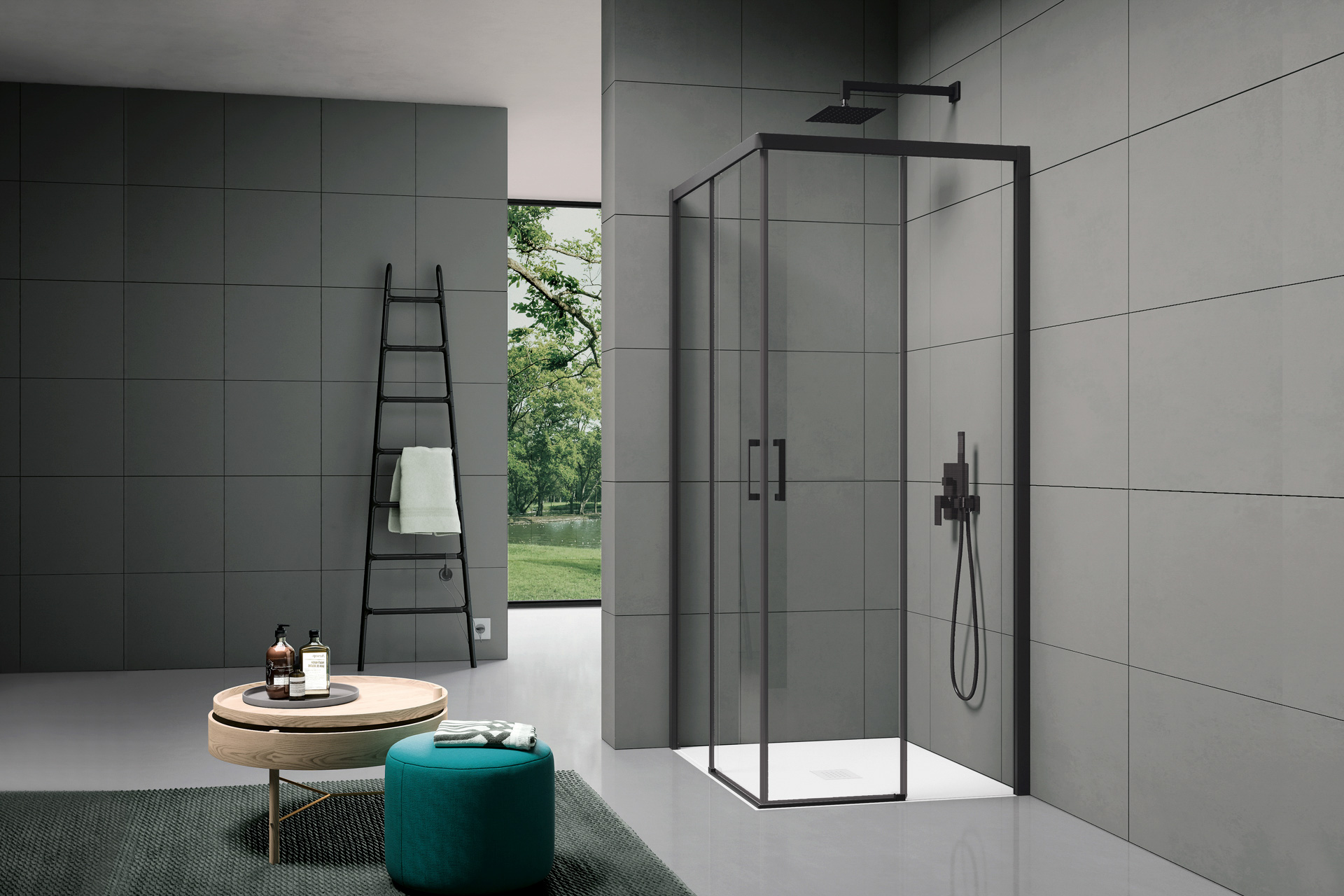 Corner shower enclosure