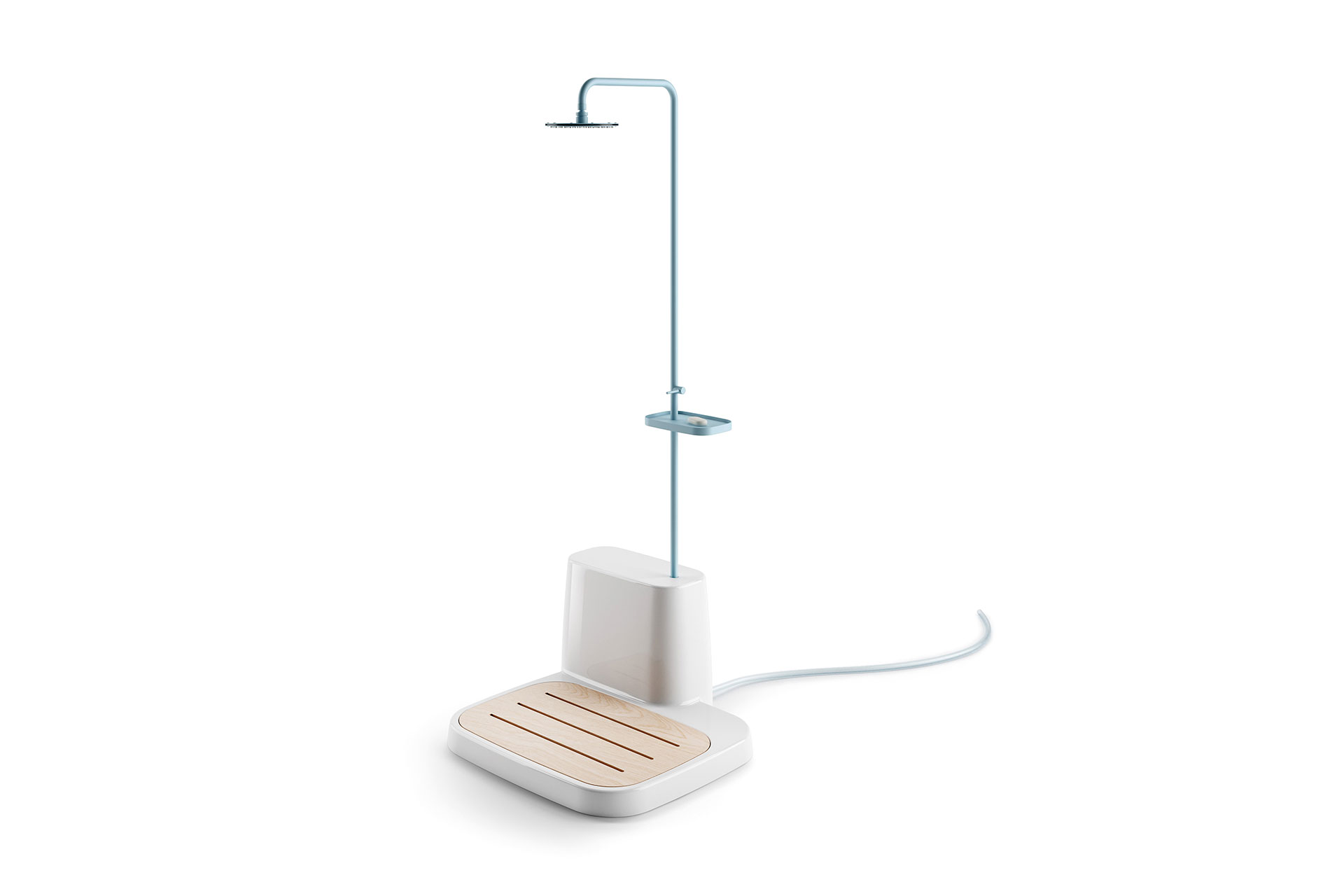 Douche mobile pour usage externe, base en polye?thyle?ne, colonne et pomme de douche en acier verni a? poudre